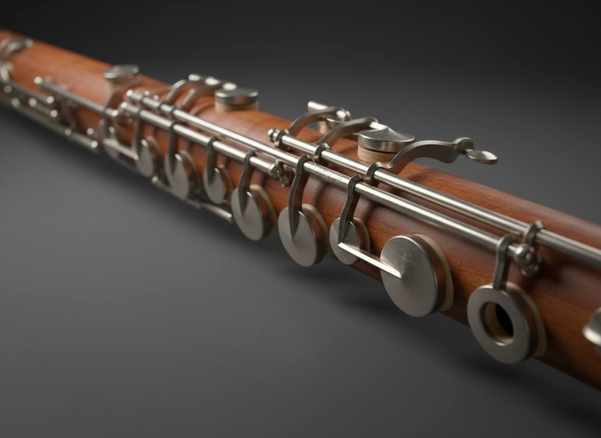 A close-up, photographic detail of a bassoon’s keywork and finger holes, captured from a low, diagonal angle so the instrument’s body recedes into a softly blurred background. The warm, reddish-brown wood grain is clearly visible, contrasted with cool, matte-silver keys showing subtle, realistic reflections. The bassoon rests on a smooth, slate-colored surface that gently transitions into a darker gradient toward the edges of the frame. Soft, directional studio lighting from the left creates refined highlights along the keys and delicate shadows within the engraving, emphasizing craftsmanship and precision. The composition is intimate and minimalist, with a shallow depth of field and sophisticated mood, suitable for highlighting artistry, technique, and attention to detail in professional bassoon performance.