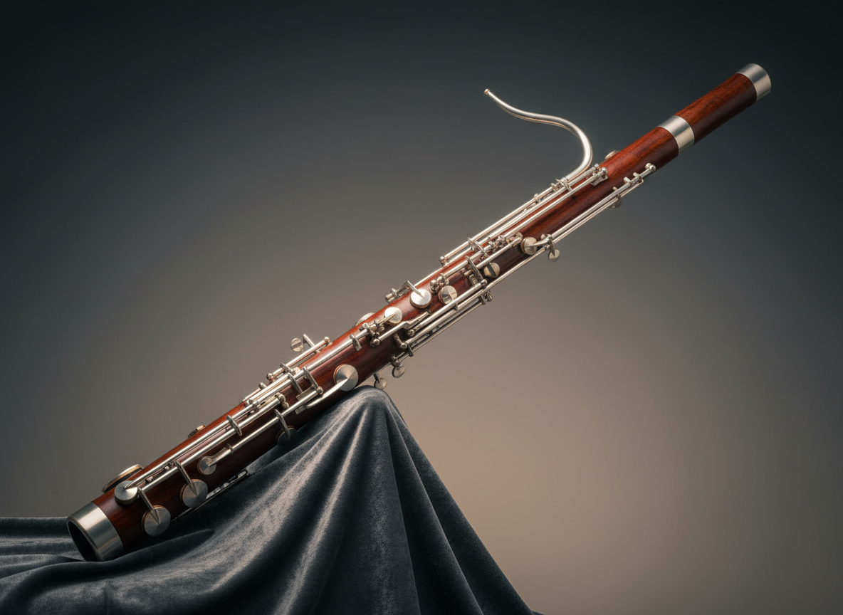 A meticulously crafted wooden bassoon rests diagonally across a softly lit, charcoal-gray velvet surface, its rich reddish-brown wood and silver-plated keys rendered in precise photographic detail. The muted background gently fades into a subtle gradient from deep slate to warm taupe. Diffused studio lighting from the upper left creates delicate highlights on the polished metal keys and a soft sheen along the instrument’s curved body, with understated shadows adding depth. Shot at eye level with a shallow depth of field, the bassoon’s central joint is in crisp focus while the bell and bocal fall slightly out of focus. The atmosphere is refined, calm, and sophisticated, evoking classical concert preparation with a minimalist, gallery-like aesthetic.