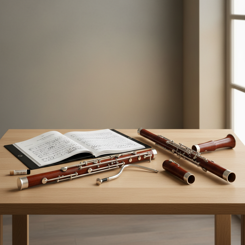 An elegant still life of a bassoonist’s practice space, featuring an open black leather-bound music folder on a pale oak table, displaying neatly printed sheet music for a contemporary bassoon piece. A disassembled bassoon lies beside it, each section aligned with care, showcasing intricate keywork and smooth, lacquered wood. In the background, a muted gradient wall shifts from soft stone gray at the top to warm beige near the table. Gentle, overcast window light from the right creates subtle reflections on the keys and a calm, even illumination. Photographed from a slightly elevated angle with balanced composition, the scene feels organized and contemplative, suggesting disciplined practice and sophisticated musicianship in a minimalist, photographic realism style.