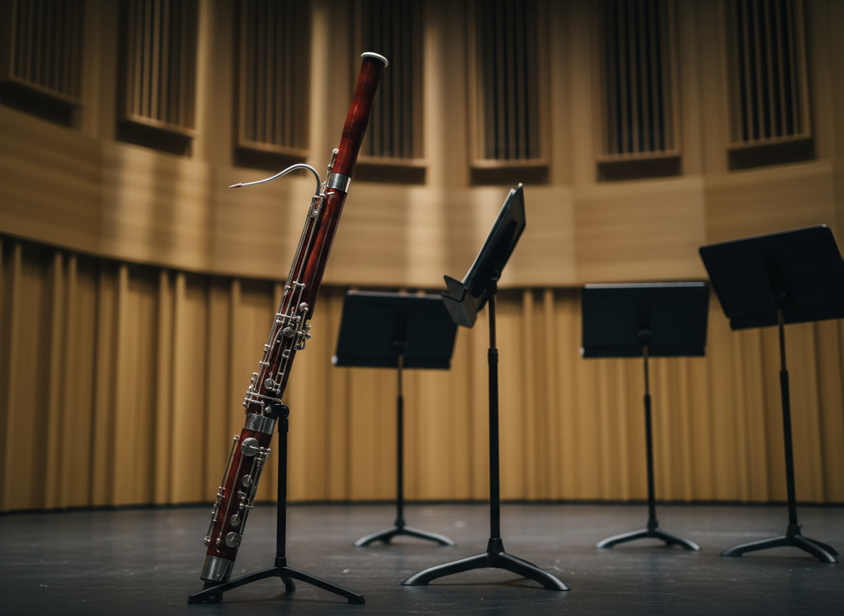 A refined concert hall stage setup without performers, centered on a single, assembled bassoon standing on a sleek, black metal stand. The instrument’s deep mahogany wood and meticulously polished silver keys contrast against a backdrop of softly blurred empty music stands and muted, honey-toned wooden panels. Overhead stage lighting is diffused and understated, casting gentle, vertical highlights along the bassoon’s length and faint shadows at its base. The image is composed at eye level using the rule of thirds, with the bassoon slightly off-center, creating a calm sense of anticipation. The atmosphere is poised and sophisticated, evoking a pre-concert moment in a modern, acoustically refined space with a minimalist, photographic aesthetic and a muted color palette.